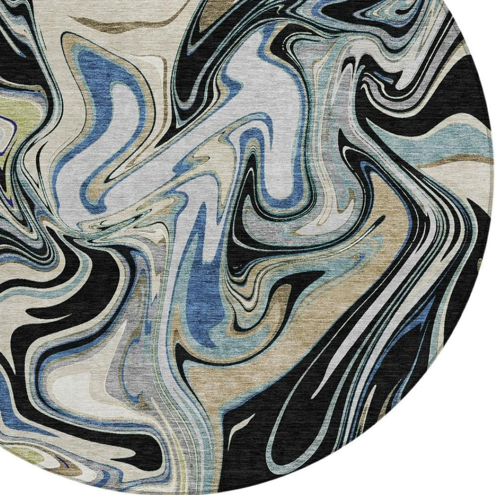 HomeRoots 8' Modern Abstract Round Area Rug in Black, Blue & Beige - Washable, Durable for Indoor/Outdoor Use 690299