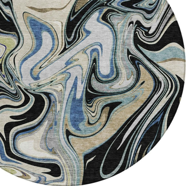 HomeRoots 8' Modern Abstract Round Area Rug in Black, Blue & Beige - Washable, Durable for Indoor/Outdoor Use 690299