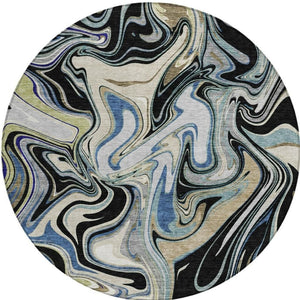 HomeRoots 8' Modern Abstract Round Area Rug in Black, Blue & Beige - Washable, Durable for Indoor/Outdoor Use 690299