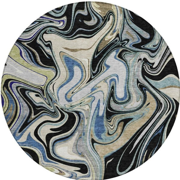 HomeRoots 8' Modern Abstract Round Area Rug in Black, Blue & Beige - Washable, Durable for Indoor/Outdoor Use 690299