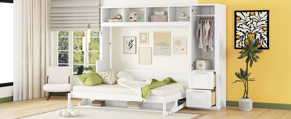 English Elm Queen Murphy Wall Bed with Integrated Wardrobe and Drawers for Studio or Guest Room White LP000793AAK-3
