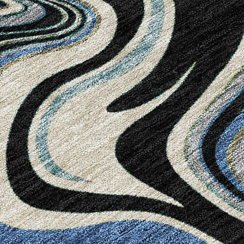 HomeRoots 9' Modern Abstract Black, Blue & Beige Washable Area Rug for Indoor/Outdoor High-Traffic Spaces 690301