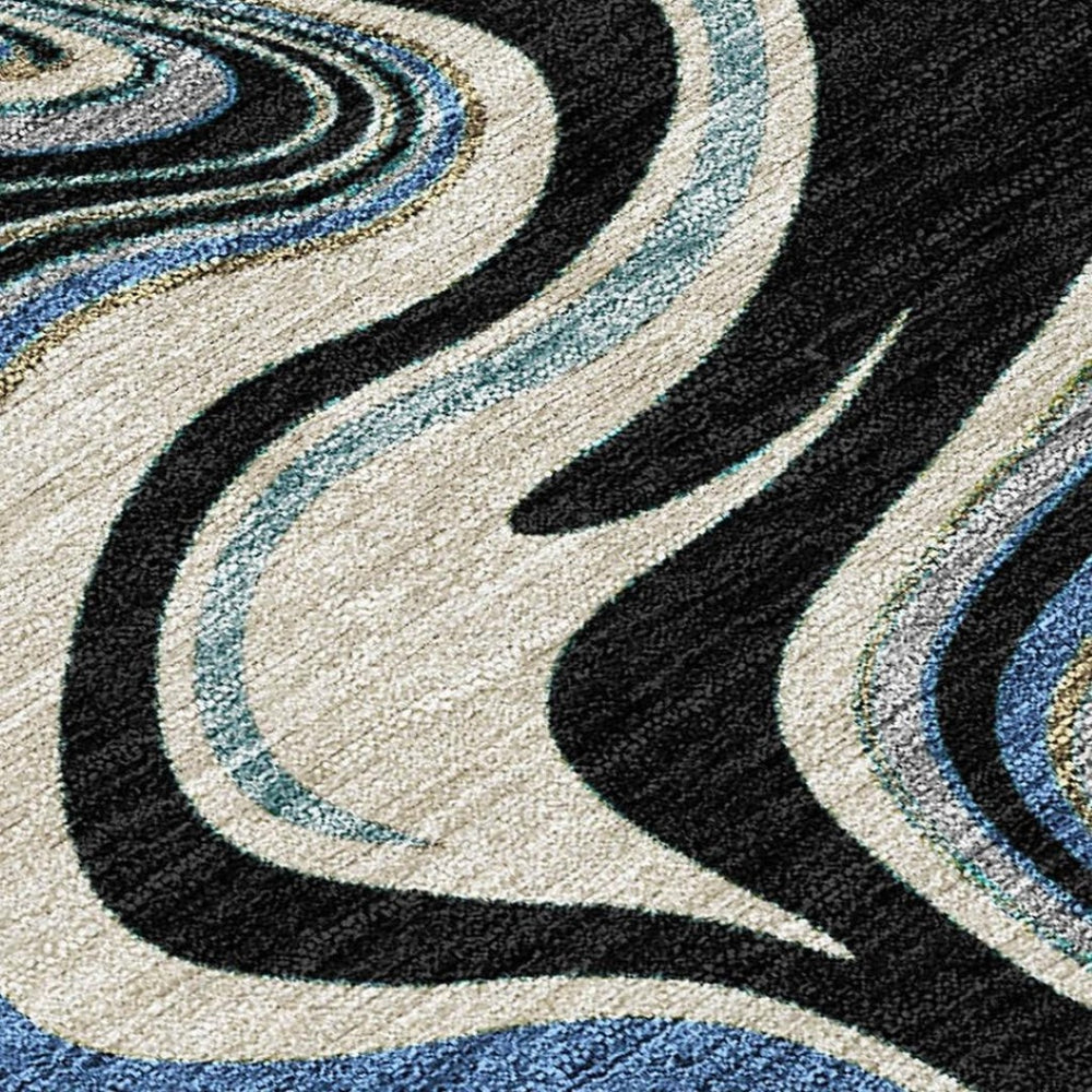 HomeRoots 10' Contemporary Abstract Area Rug in Black, Blue & Beige - Washable Indoor/Outdoor Durability! 690302