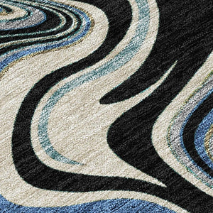 HomeRoots 10' Contemporary Abstract Area Rug in Black, Blue & Beige - Washable Indoor/Outdoor Durability! 690302
