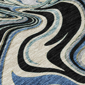 HomeRoots 10' Contemporary Abstract Area Rug in Black, Blue & Beige - Washable Indoor/Outdoor Durability! 690302