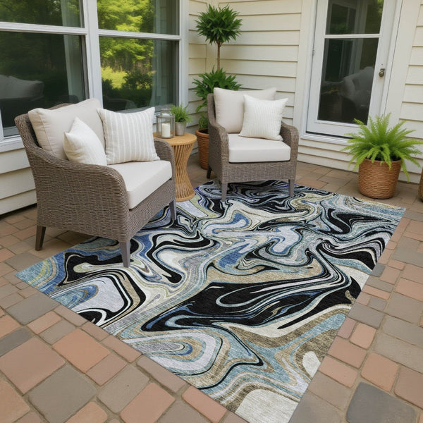 HomeRoots 10' Contemporary Abstract Area Rug in Black, Blue & Beige - Washable Indoor/Outdoor Durability! 690302