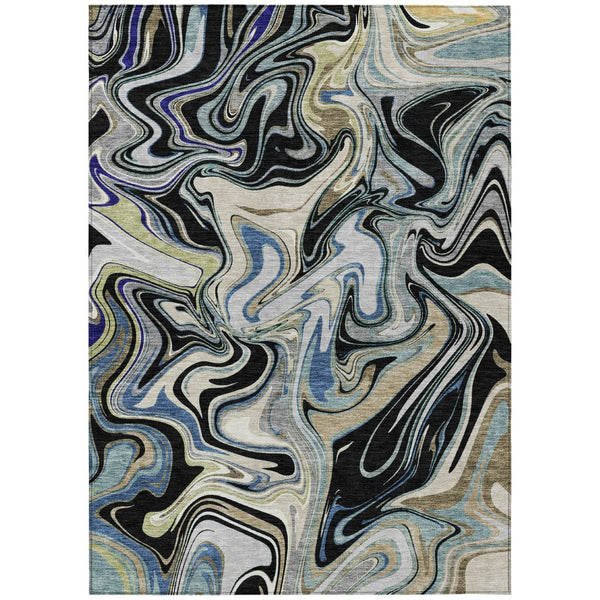 HomeRoots 10' Contemporary Abstract Area Rug in Black, Blue & Beige - Washable Indoor/Outdoor Durability! 690302