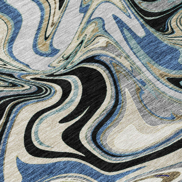HomeRoots 10' Contemporary Abstract Area Rug in Black, Blue & Beige - Washable Indoor/Outdoor Durability! 690302