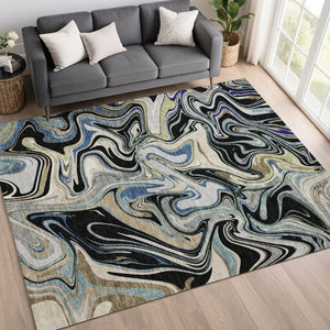 HomeRoots 10' Contemporary Abstract Area Rug in Black, Blue & Beige - Washable Indoor/Outdoor Durability! 690302