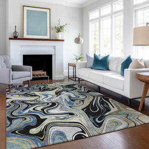 HomeRoots 10' Contemporary Abstract Area Rug in Black, Blue & Beige - Washable Indoor/Outdoor Durability! 690302