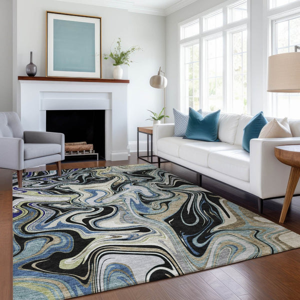 HomeRoots 10' Contemporary Abstract Area Rug in Black, Blue & Beige - Washable Indoor/Outdoor Durability! 690302