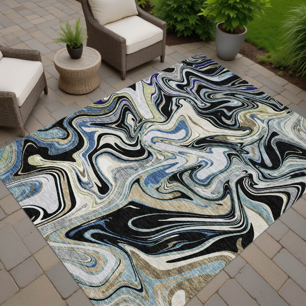 HomeRoots 10' Contemporary Abstract Area Rug in Black, Blue & Beige - Washable Indoor/Outdoor Durability! 690302