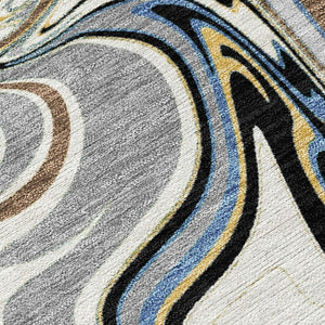 HomeRoots 5' Modern Abstract Gray Gold Blue Area Rug - Washable Indoor/Outdoor, Stain-Resistant, Durable Design 690304