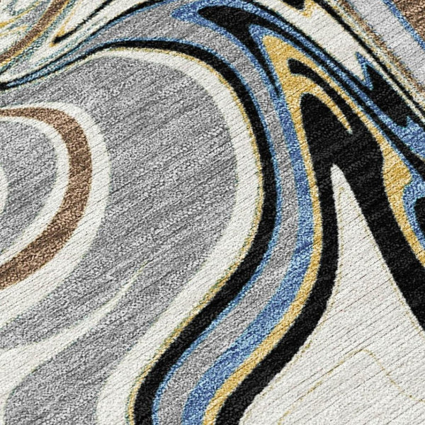 HomeRoots 5' Modern Abstract Gray Gold Blue Area Rug - Washable Indoor/Outdoor, Stain-Resistant, Durable Design 690304