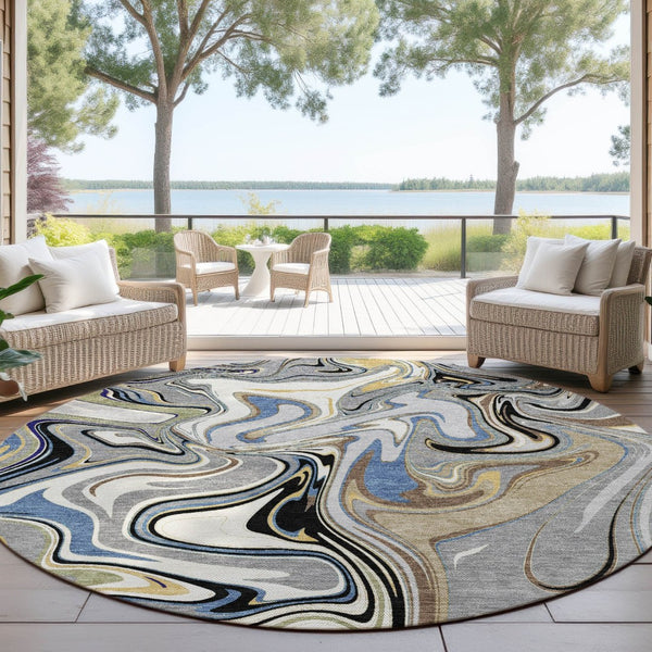 HomeRoots 8' Round Abstract Area Rug in Gray, Gold & Blue – Washable, Durable, Indoor/Outdoor Style for Any Space 690305