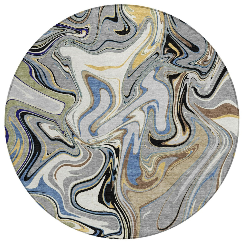 HomeRoots 8' Round Abstract Area Rug in Gray, Gold & Blue – Washable, Durable, Indoor/Outdoor Style for Any Space 690305