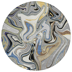 HomeRoots 8' Round Abstract Area Rug in Gray, Gold & Blue – Washable, Durable, Indoor/Outdoor Style for Any Space 690305