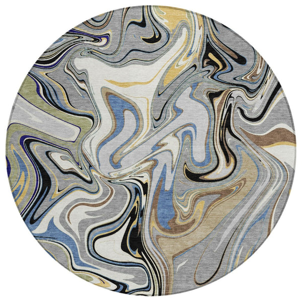 HomeRoots 8' Round Abstract Area Rug in Gray, Gold & Blue – Washable, Durable, Indoor/Outdoor Style for Any Space 690305