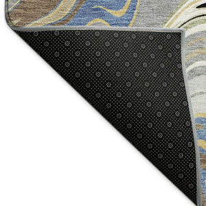 HomeRoots 8' Round Abstract Area Rug in Gray, Gold & Blue – Washable, Durable, Indoor/Outdoor Style for Any Space 690305
