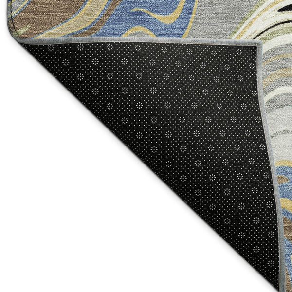 HomeRoots 8' Round Abstract Area Rug in Gray, Gold & Blue – Washable, Durable, Indoor/Outdoor Style for Any Space 690305