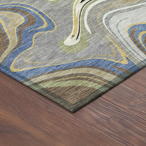 HomeRoots 8' Round Abstract Area Rug in Gray, Gold & Blue – Washable, Durable, Indoor/Outdoor Style for Any Space 690305