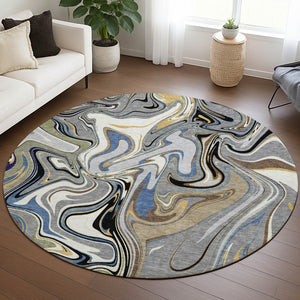 HomeRoots 8' Round Abstract Area Rug in Gray, Gold & Blue – Washable, Durable, Indoor/Outdoor Style for Any Space 690305