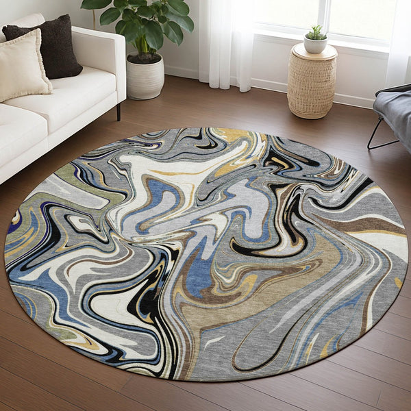 HomeRoots 8' Round Abstract Area Rug in Gray, Gold & Blue – Washable, Durable, Indoor/Outdoor Style for Any Space 690305