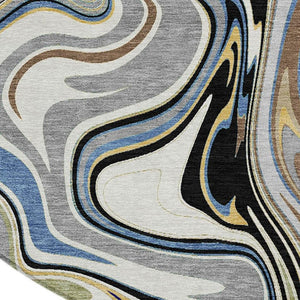 HomeRoots 8' Round Abstract Area Rug in Gray, Gold & Blue – Washable, Durable, Indoor/Outdoor Style for Any Space 690305