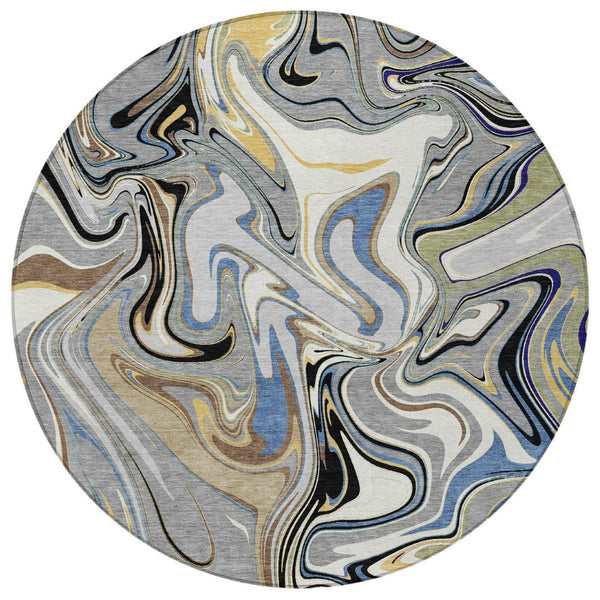 HomeRoots 8' Round Abstract Area Rug in Gray, Gold & Blue – Washable, Durable, Indoor/Outdoor Style for Any Space 690305