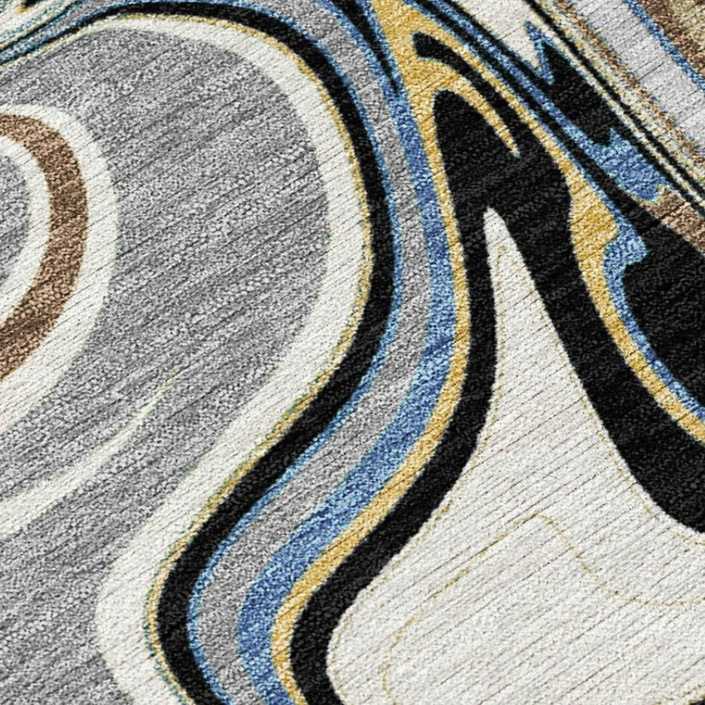 HomeRoots 8' X 10' Gray Gold Blue Abstract Area Rug - Washable, Contemporary Design for Indoor & Outdoor Use 690306