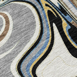 HomeRoots 8' X 10' Gray Gold Blue Abstract Area Rug - Washable, Contemporary Design for Indoor & Outdoor Use 690306