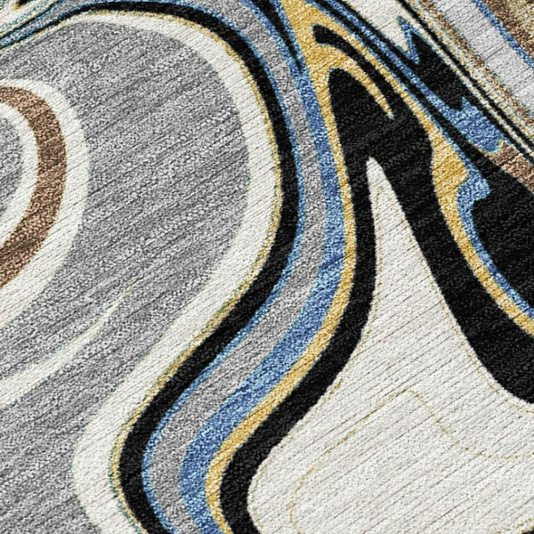 HomeRoots 8' X 10' Gray Gold Blue Abstract Area Rug - Washable, Contemporary Design for Indoor & Outdoor Use 690306