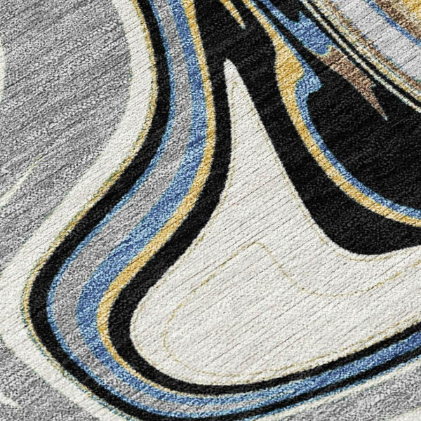 HomeRoots 9' Gray, Gold & Blue Abstract Washable Area Rug – Indoor/Outdoor Durable Design for Any Space 690307