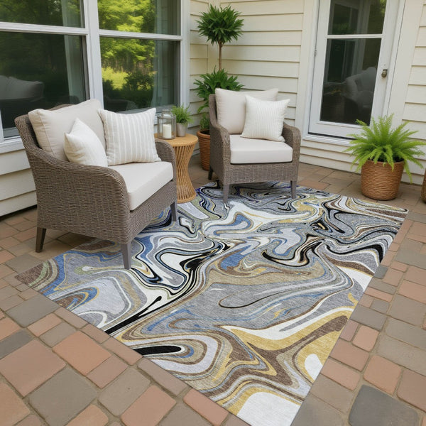 HomeRoots 10' Modern Abstract Area Rug in Gray, Gold & Blue - Durable, Washable & Stylish for Indoor/Outdoor Use 690308