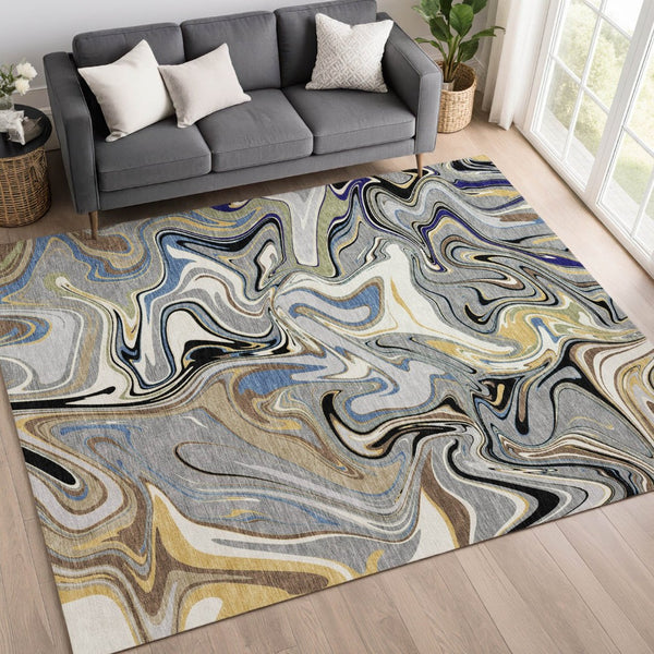 HomeRoots 10' Modern Abstract Area Rug in Gray, Gold & Blue - Durable, Washable & Stylish for Indoor/Outdoor Use 690308