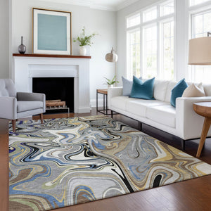 HomeRoots 10' Modern Abstract Area Rug in Gray, Gold & Blue - Durable, Washable & Stylish for Indoor/Outdoor Use 690308