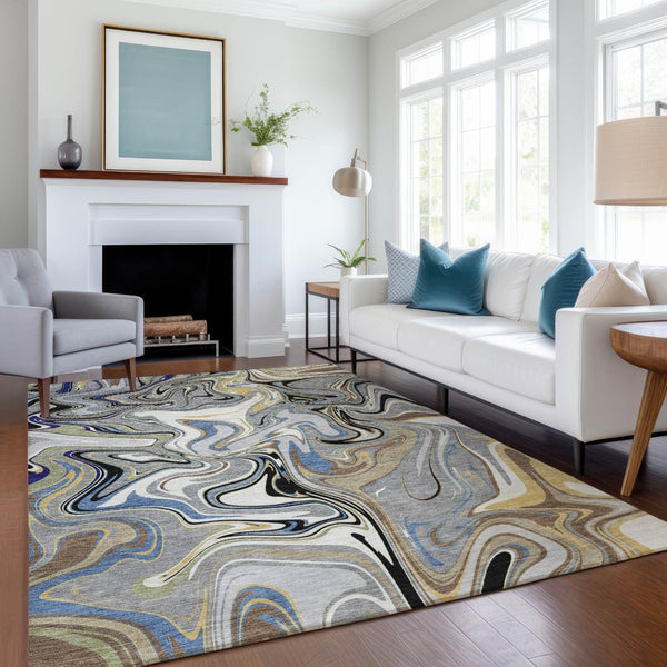 HomeRoots 10' Modern Abstract Area Rug in Gray, Gold & Blue - Durable, Washable & Stylish for Indoor/Outdoor Use 690308