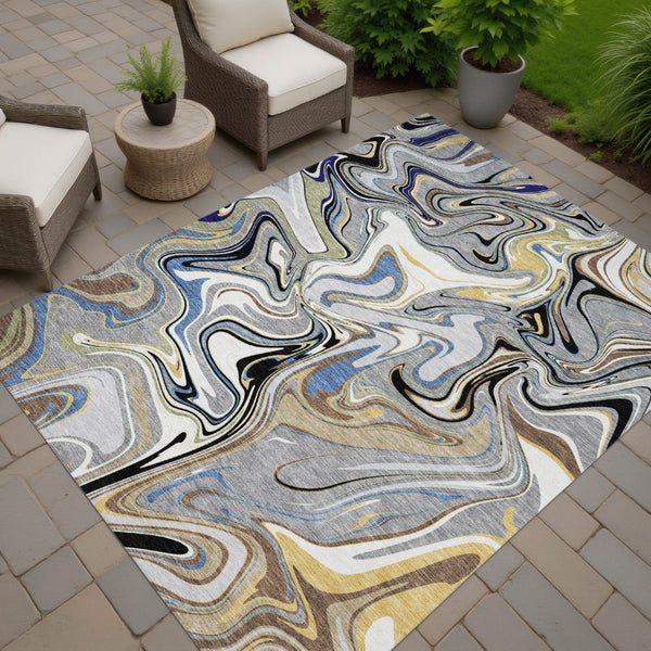 HomeRoots 10' Modern Abstract Area Rug in Gray, Gold & Blue - Durable, Washable & Stylish for Indoor/Outdoor Use 690308
