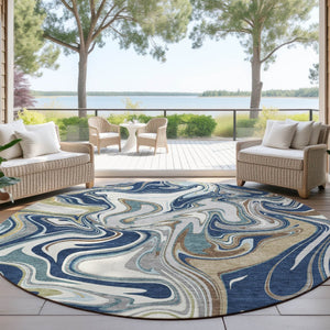 HomeRoots 8' Navy Blue, Ivory & Gold Round Abstract Area Rug - Washable, Durable, Stylish for Indoor/Outdoor Use 690311