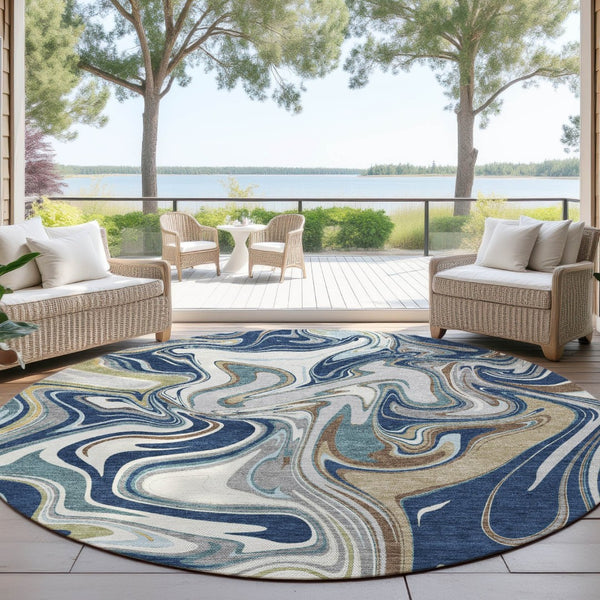 HomeRoots 8' Navy Blue, Ivory & Gold Round Abstract Area Rug - Washable, Durable, Stylish for Indoor/Outdoor Use 690311