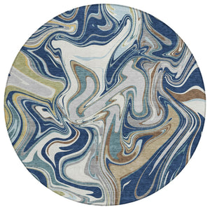 HomeRoots 8' Navy Blue, Ivory & Gold Round Abstract Area Rug - Washable, Durable, Stylish for Indoor/Outdoor Use 690311