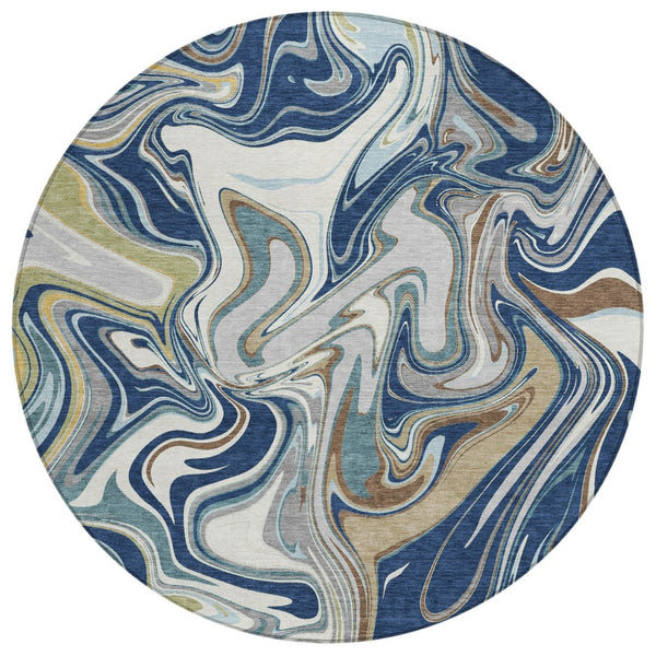 HomeRoots 8' Navy Blue, Ivory & Gold Round Abstract Area Rug - Washable, Durable, Stylish for Indoor/Outdoor Use 690311
