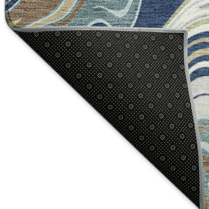 HomeRoots 8' Navy Blue, Ivory & Gold Round Abstract Area Rug - Washable, Durable, Stylish for Indoor/Outdoor Use 690311