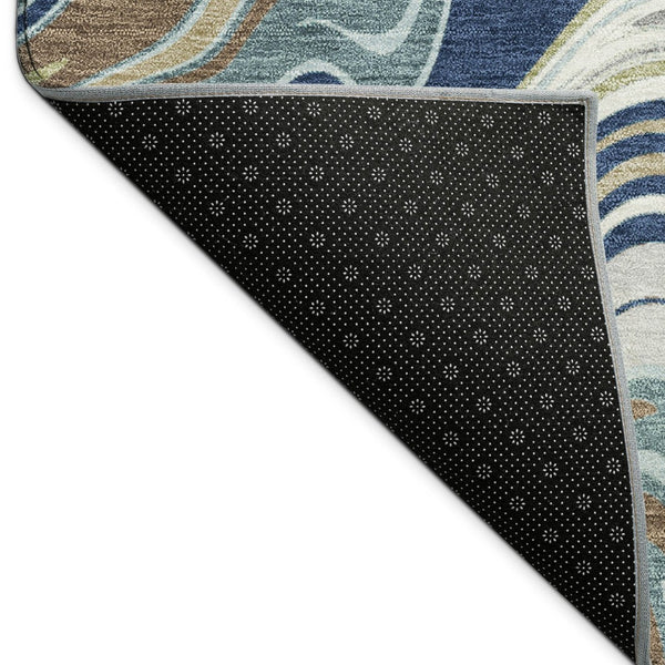 HomeRoots 8' Navy Blue, Ivory & Gold Round Abstract Area Rug - Washable, Durable, Stylish for Indoor/Outdoor Use 690311