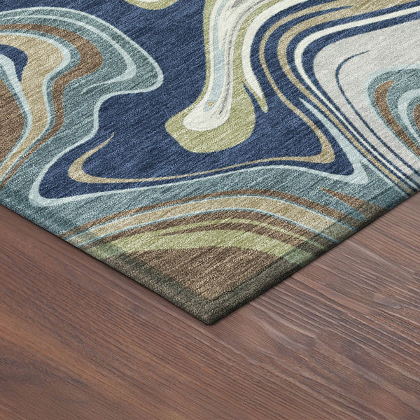 HomeRoots 8' Navy Blue, Ivory & Gold Round Abstract Area Rug - Washable, Durable, Stylish for Indoor/Outdoor Use 690311