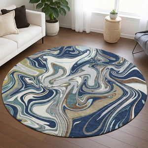 HomeRoots 8' Navy Blue, Ivory & Gold Round Abstract Area Rug - Washable, Durable, Stylish for Indoor/Outdoor Use 690311