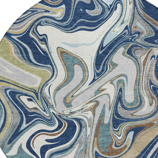 HomeRoots 8' Navy Blue, Ivory & Gold Round Abstract Area Rug - Washable, Durable, Stylish for Indoor/Outdoor Use 690311