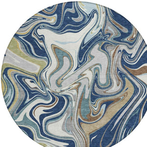 HomeRoots 8' Navy Blue, Ivory & Gold Round Abstract Area Rug - Washable, Durable, Stylish for Indoor/Outdoor Use 690311