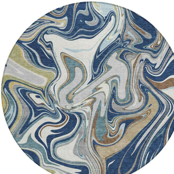 HomeRoots 8' Navy Blue, Ivory & Gold Round Abstract Area Rug - Washable, Durable, Stylish for Indoor/Outdoor Use 690311