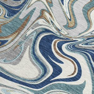 HomeRoots 10' Navy Blue, Ivory & Gold Abstract Washable Area Rug – Durable Indoor/Outdoor Design for Any Space 690314